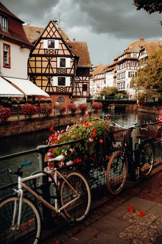 a bike parked along the side of a canal near some houses