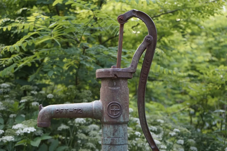 an old rusted water faucet in front of some trees