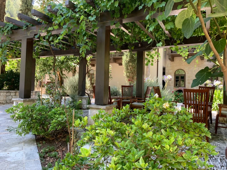 outdoor seating area in front of large white house with lots of green leaves