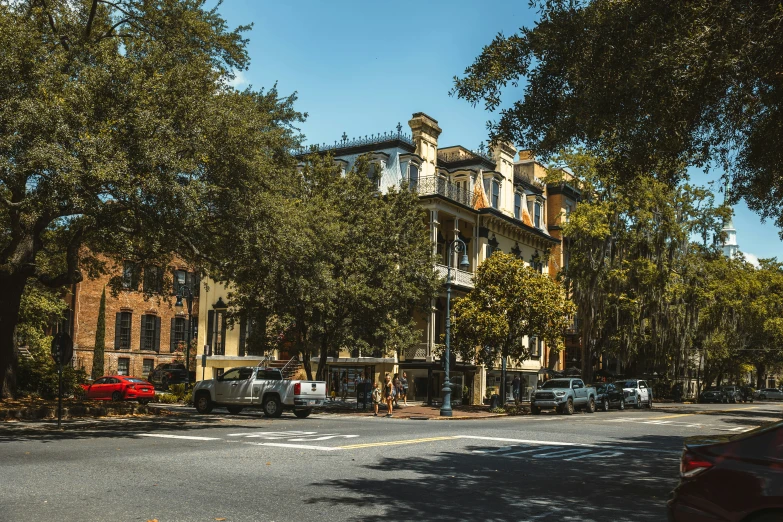 the cars are parked on the street outside