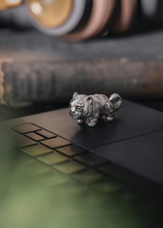 silver toy sitting on top of an open laptop