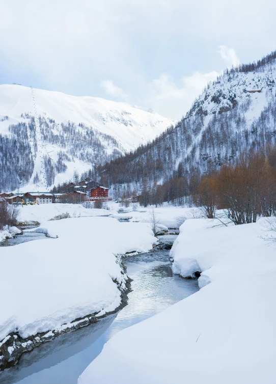 snowy creek in the mountains surrounded by snow