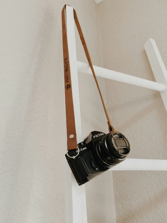 a camera is mounted to a ladder as it sits on the wall