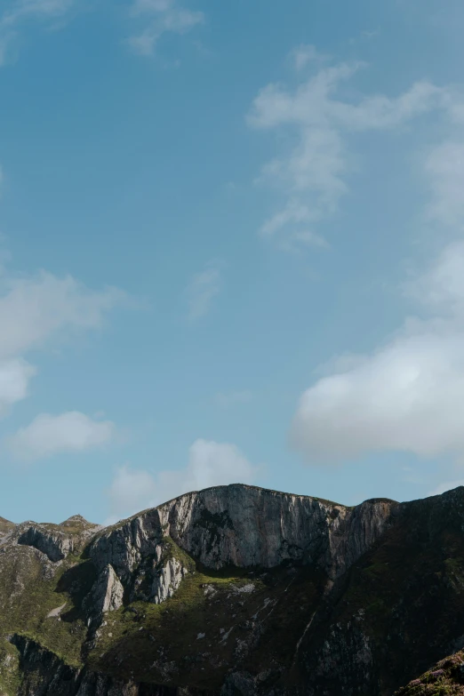 the peak of a mountain surrounded by grass and rock