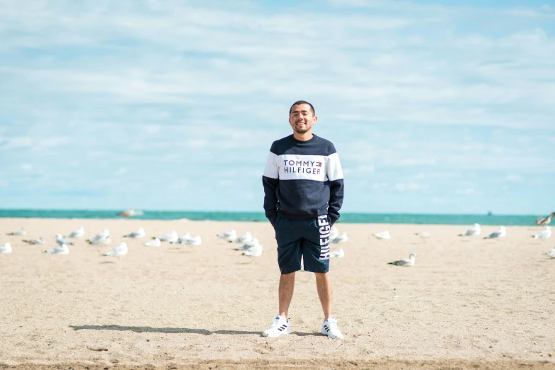 a man standing on a beach next to a lot of seagulls