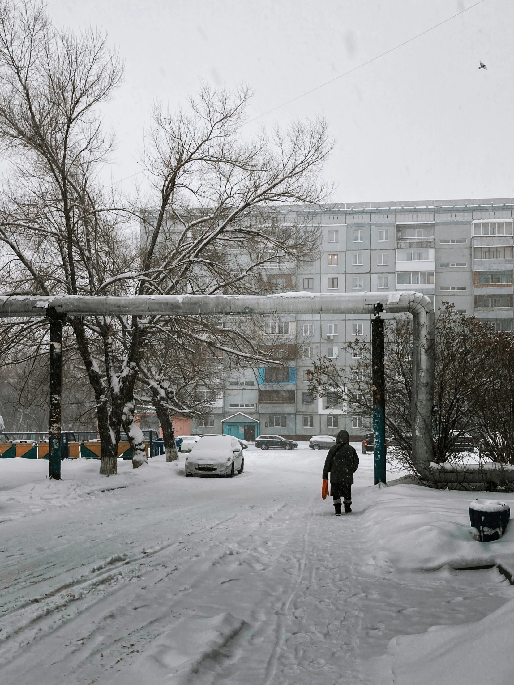 a person walks down a snow covered street near buildings