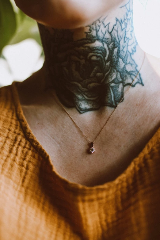 a close up of a person's torso wearing a necklace