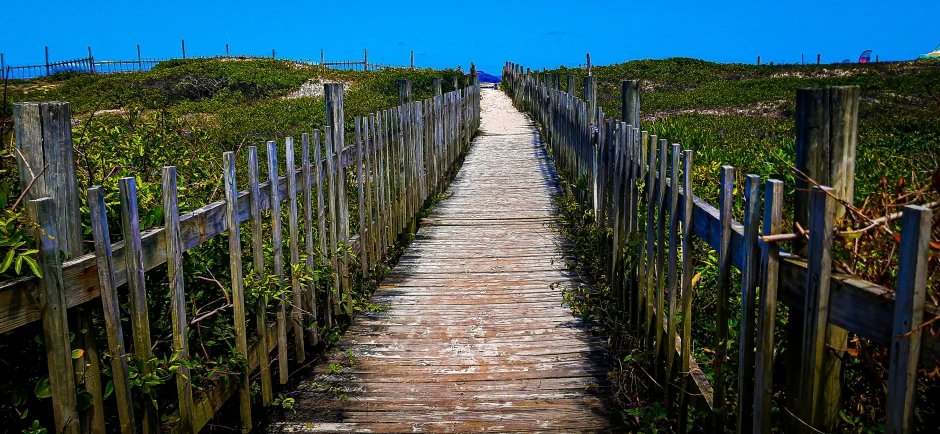 a wooden walkway leads to a grassy hill