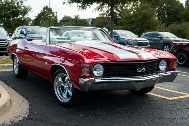 old fashioned car with a matching body in a parking lot