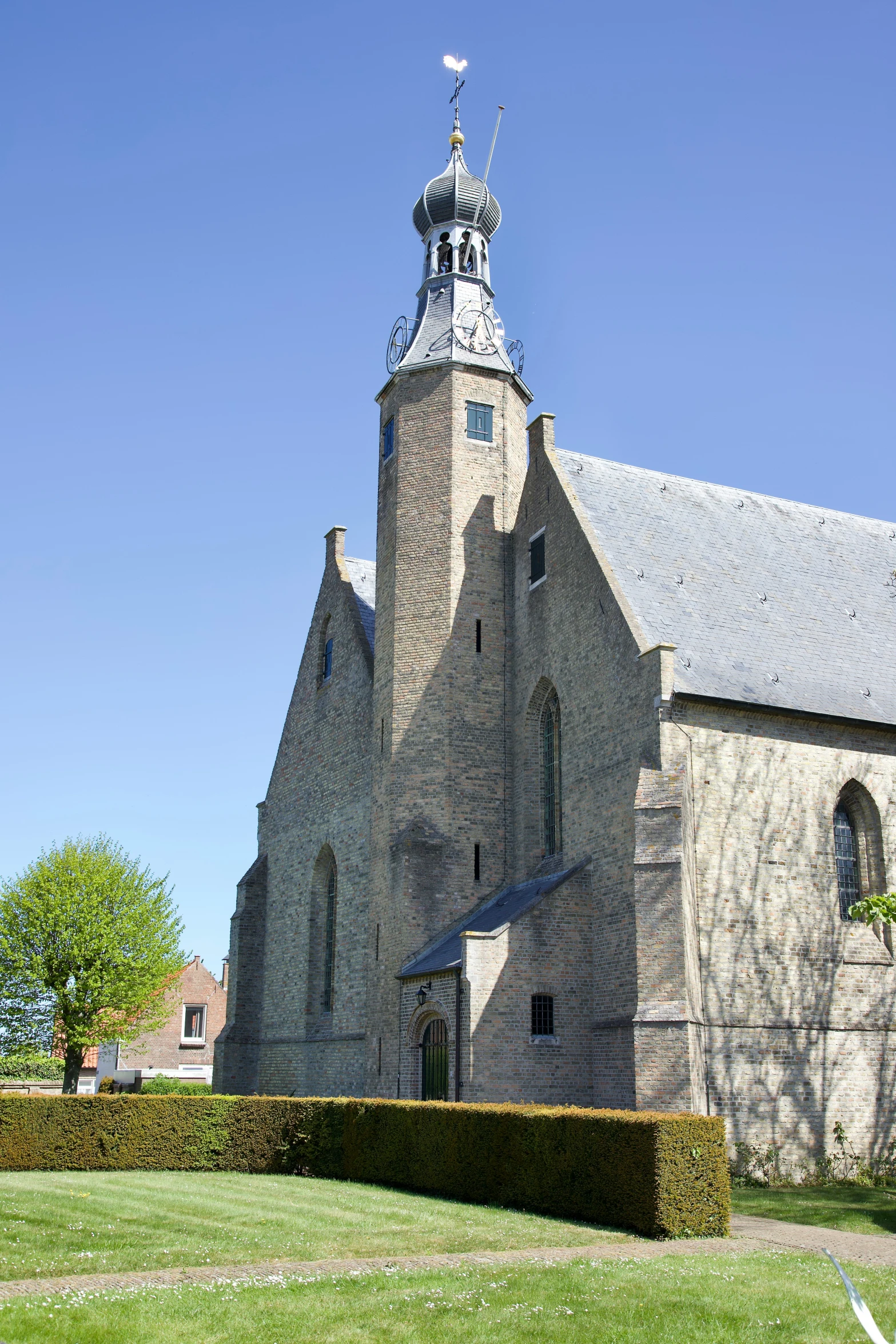 a large church on a small, open field