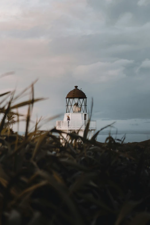 a small light house in the grass with cloudy skies