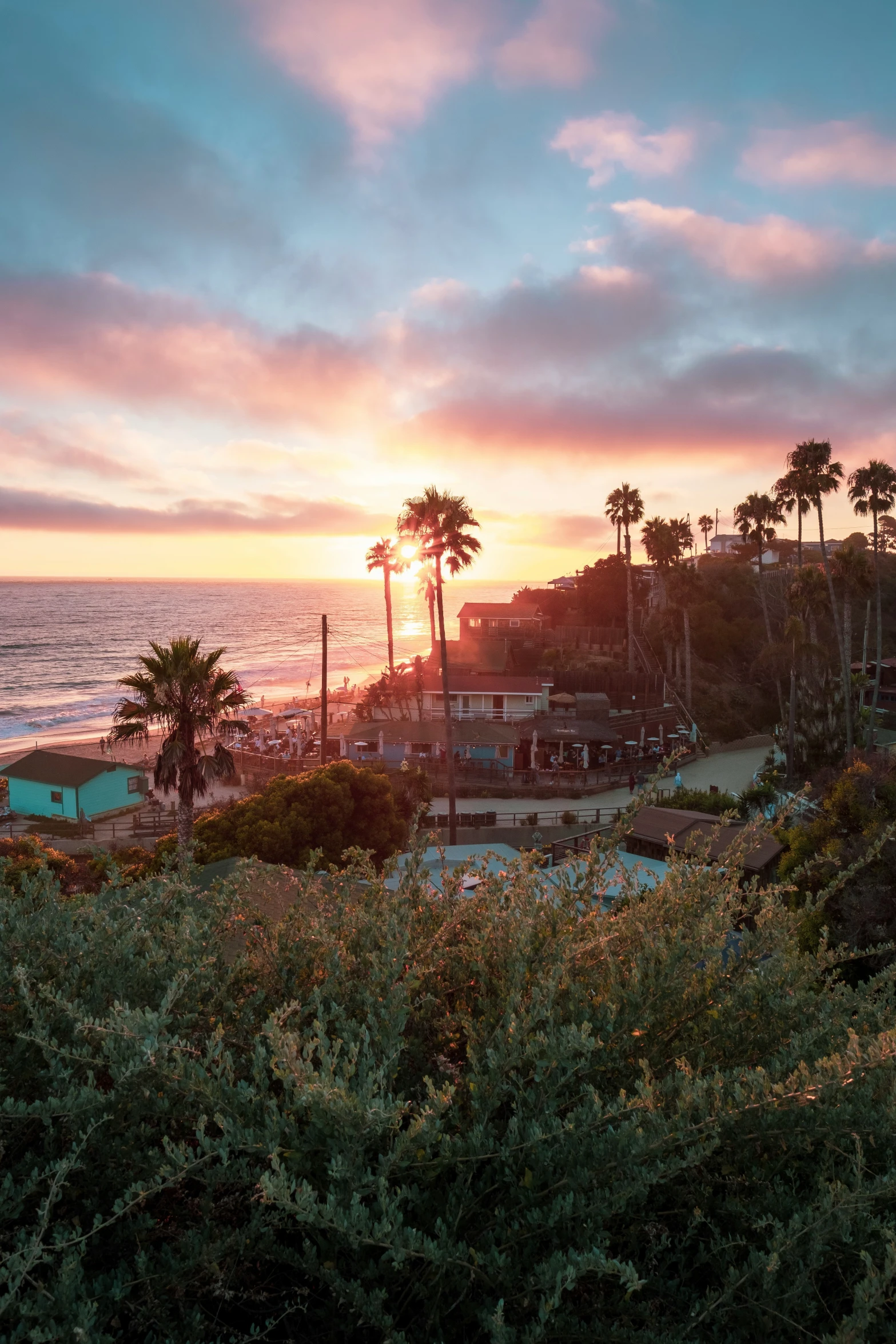 sunset over a beach with trees and buildings