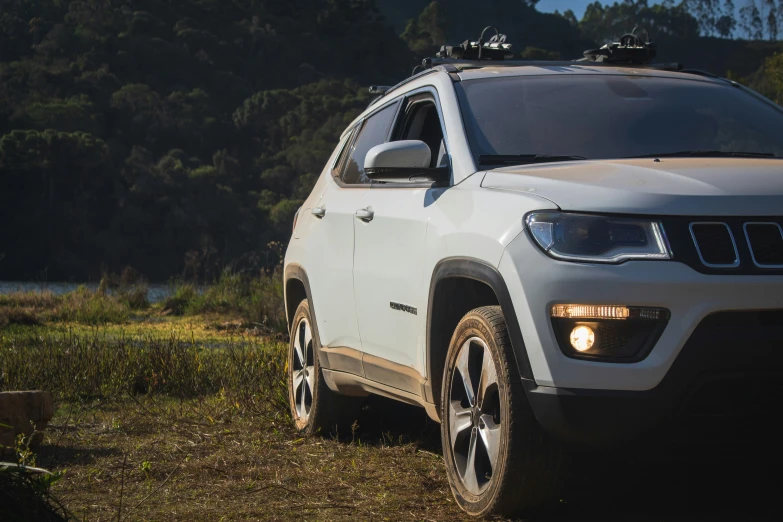 an suv parked in front of a grassy area