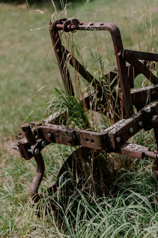 the rusted metal seat is overgrown and broken