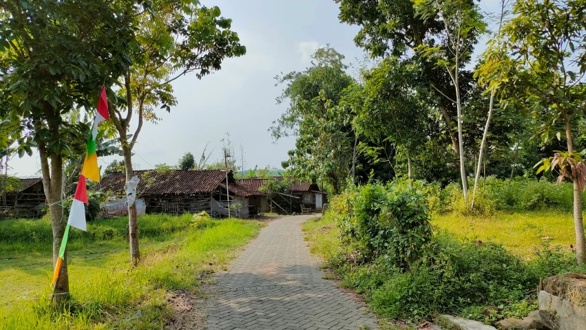 the park has several small buildings and trees