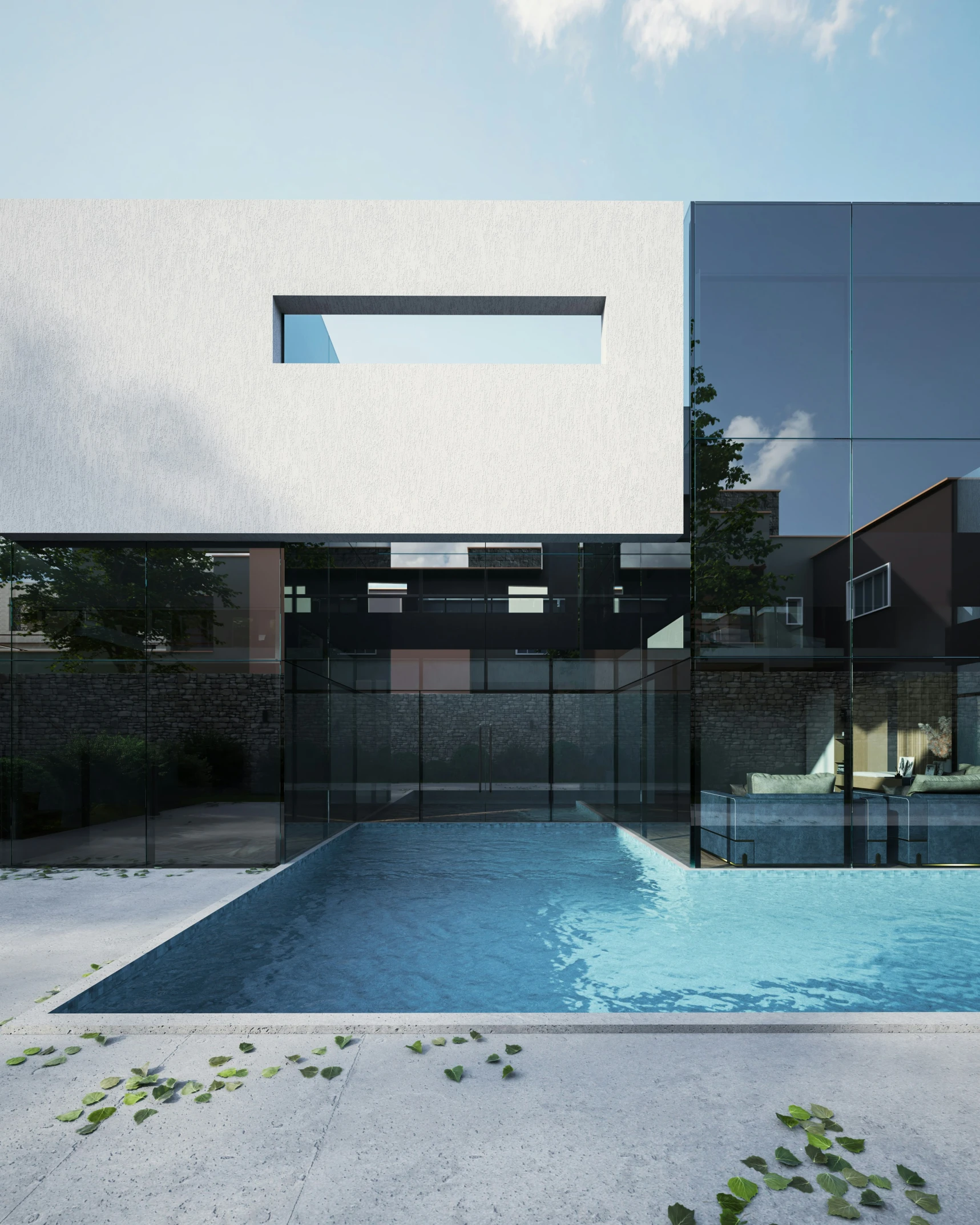 a glass walled swimming pool with a modern architecture