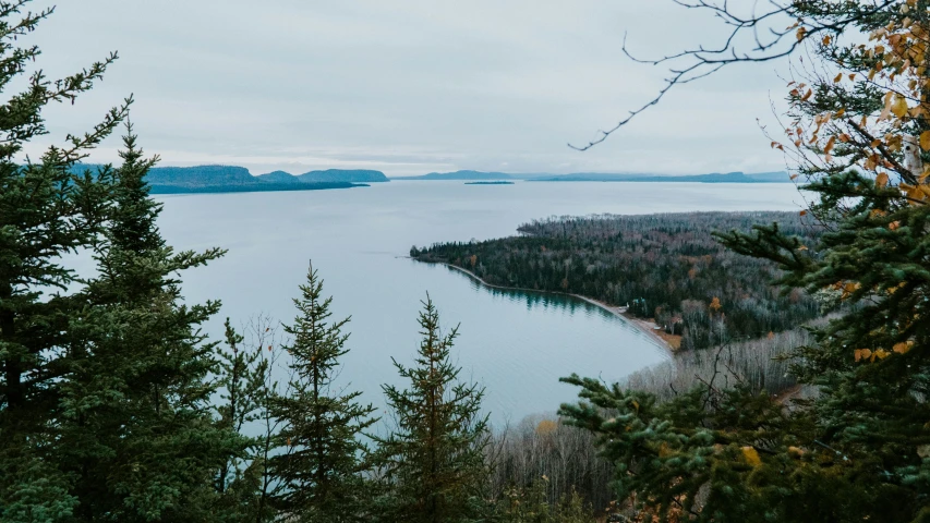 a lake surrounded by pine trees on a cloudy day