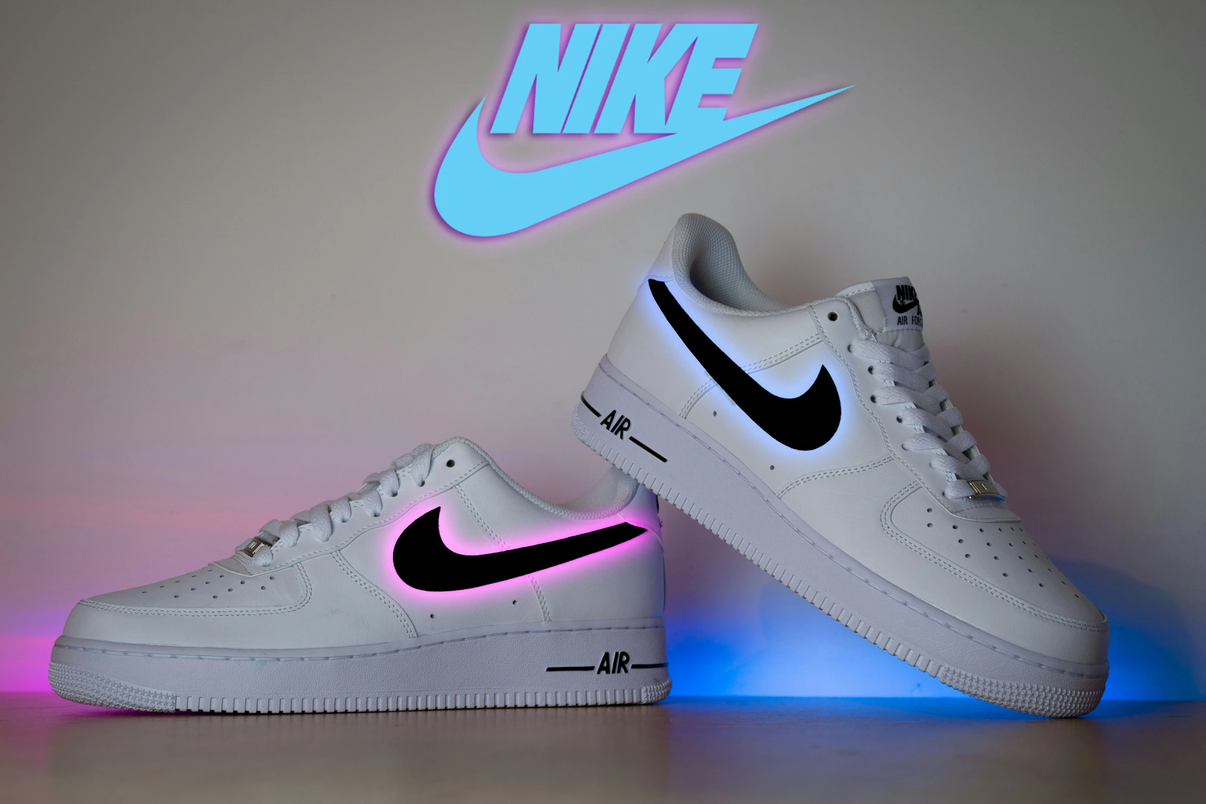 the nike air force low white with black and blue lights