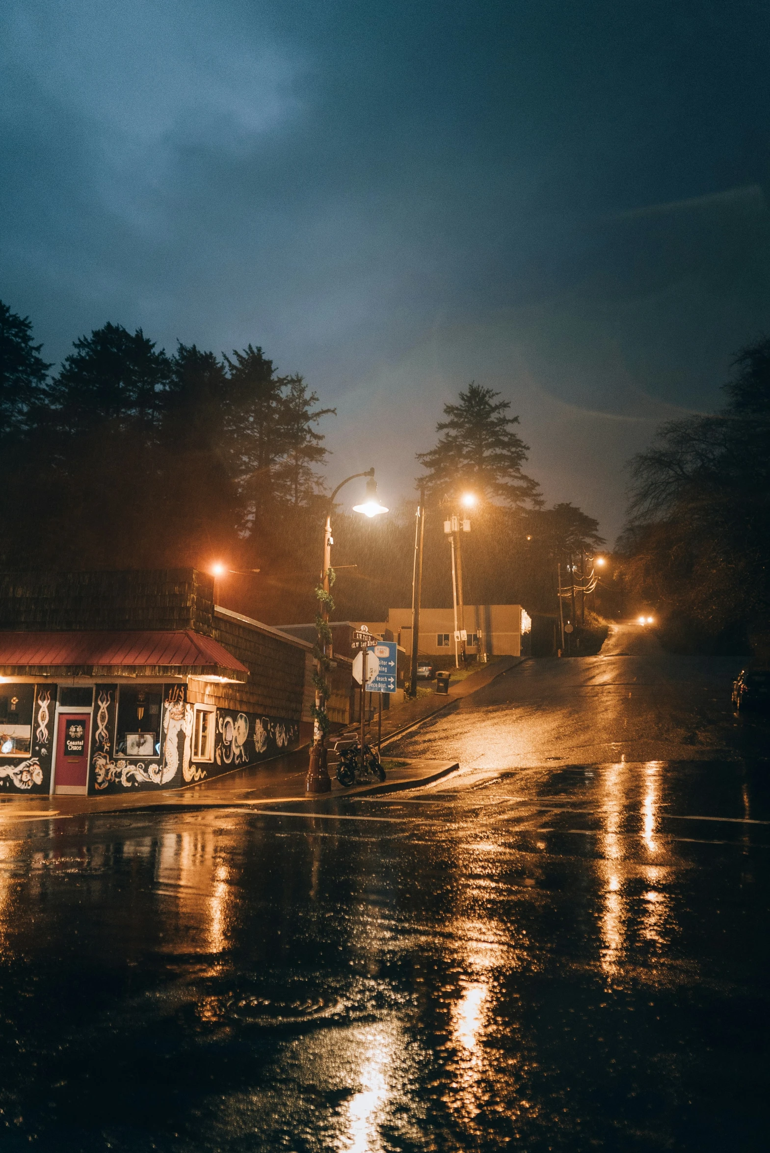 a street scene with a rainy night in the city