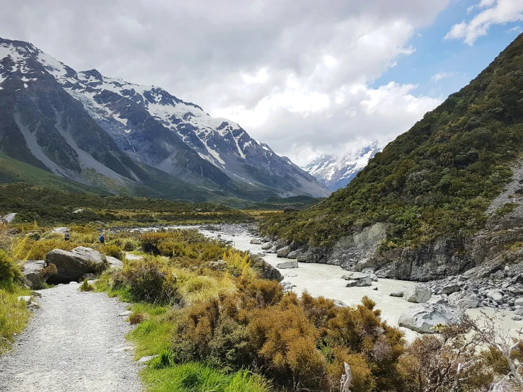 the valley where a river is near some mountains