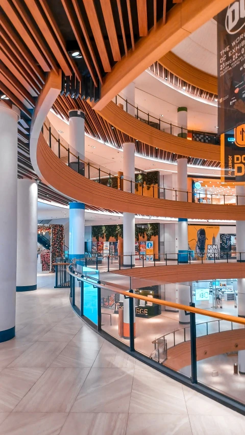 a pool and stairs in an upscale shopping mall