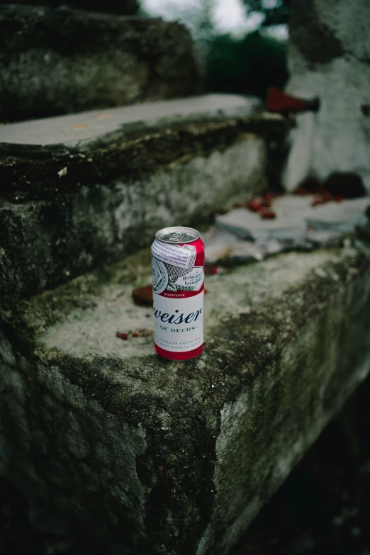 a can of beer sitting on top of concrete