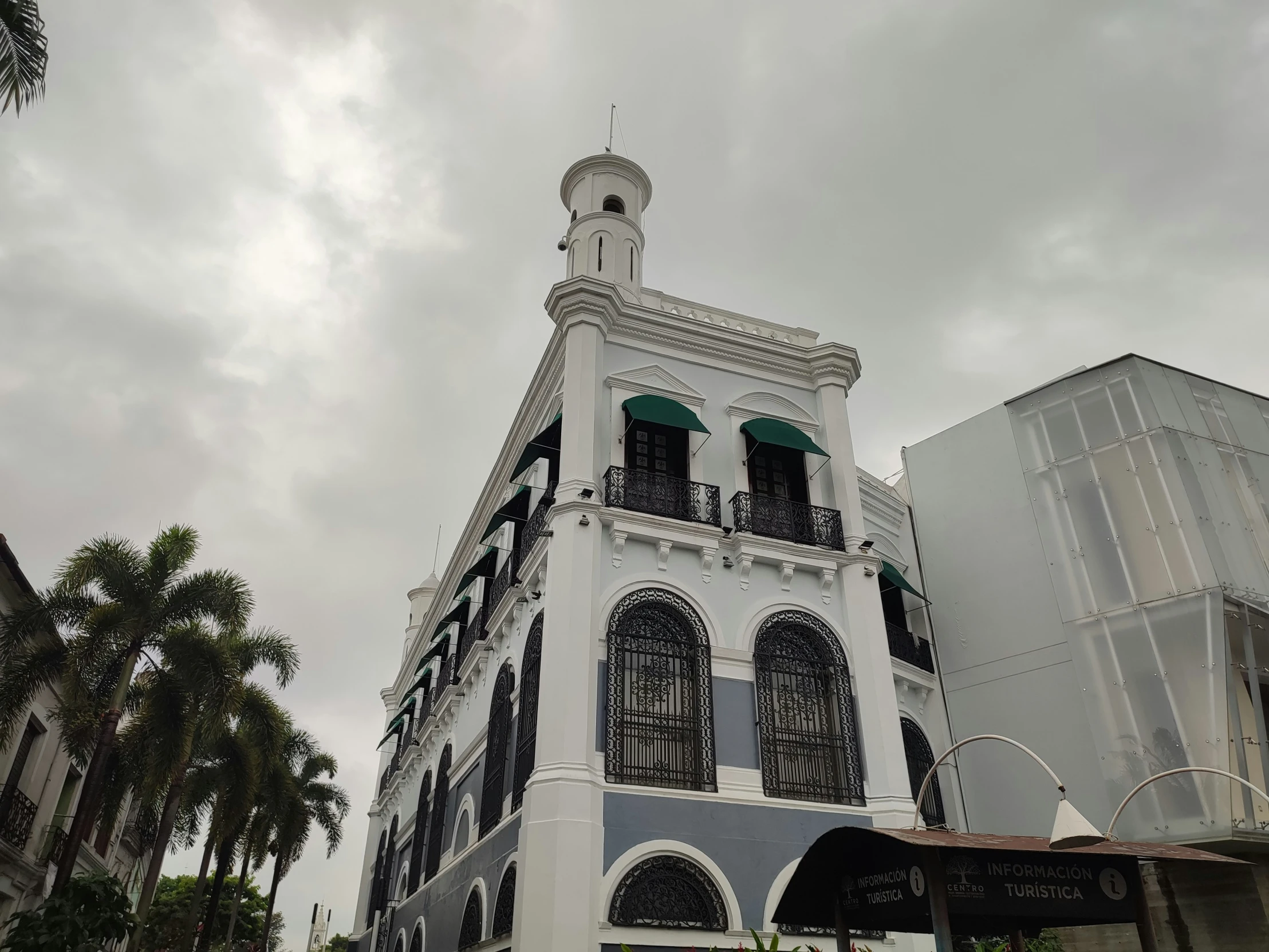 the large building is white and black