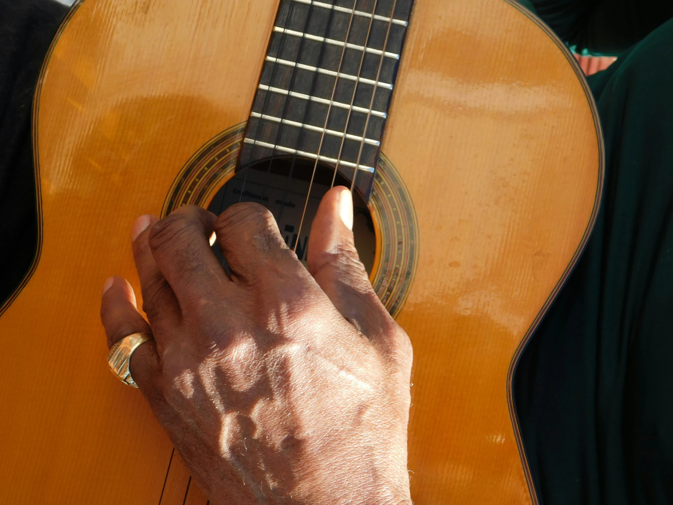 a person plays an acoustic guitar in a park