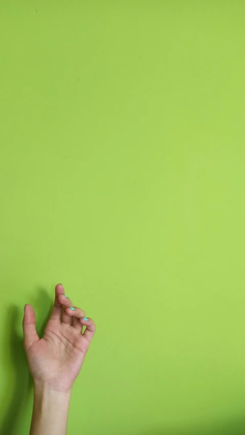 someones hand and green wall with blue dots