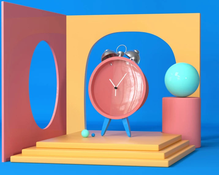 a pink clock sits in the center of a blue and yellow room