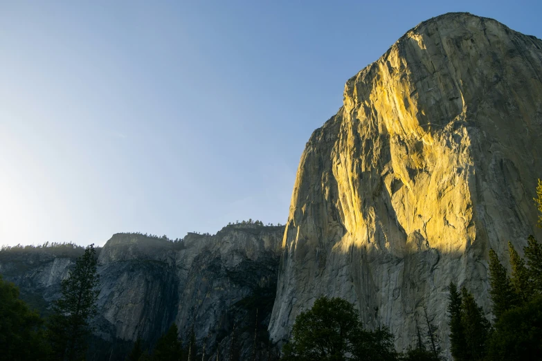 sun shining on a mountain side with evergreen trees