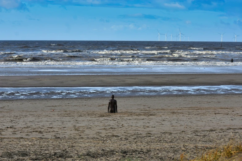 the person is walking along the sandy beach near the water