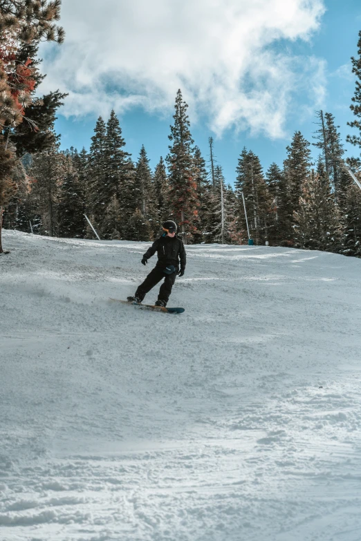 a person in black snowboarding down a slope