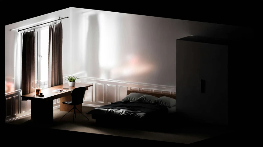 a po of a bed, table and a chair in a room