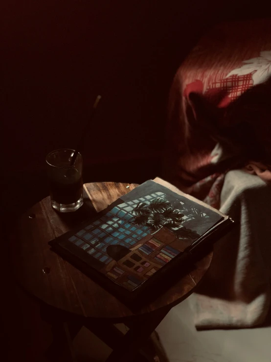 a pograph of an open book and a coffee mug on a table