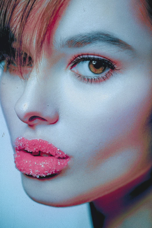 a close up of a woman's face with pink makeup