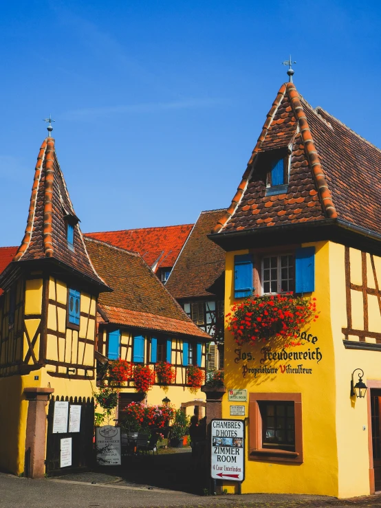 a small village in germany has flowers growing outside of its buildings