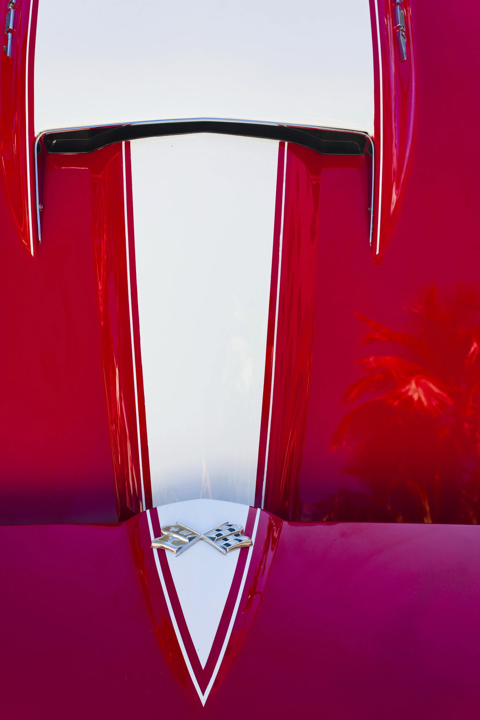 a close up of a red car with a metal thing in the center