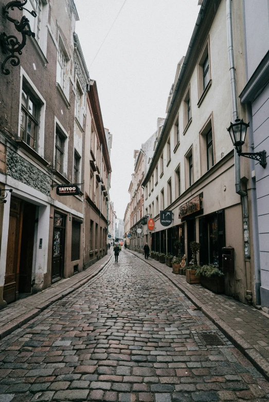 a person walking down a brick street in an alley