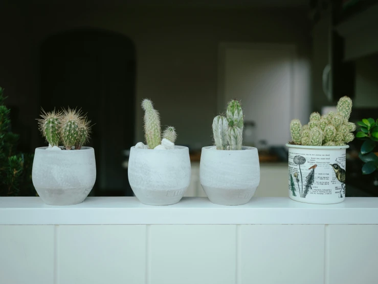 three white vases sitting on a white shelf