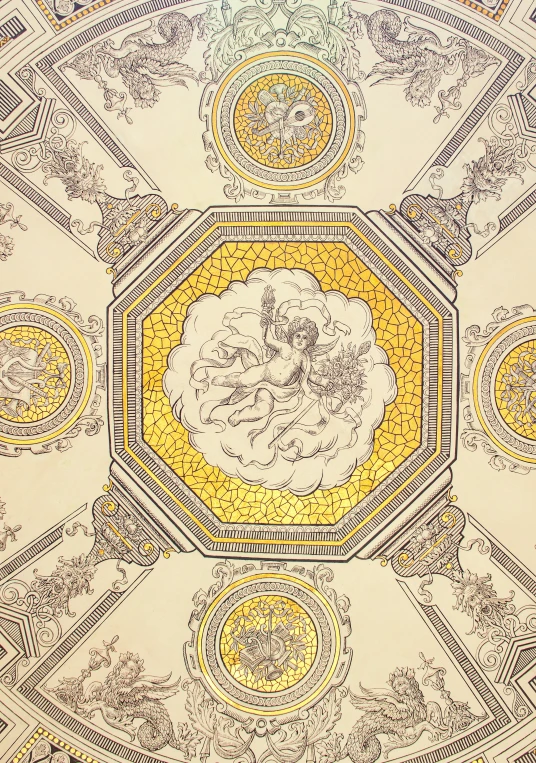 the centerpiece of an ornate ceiling with gold, red and blue designs