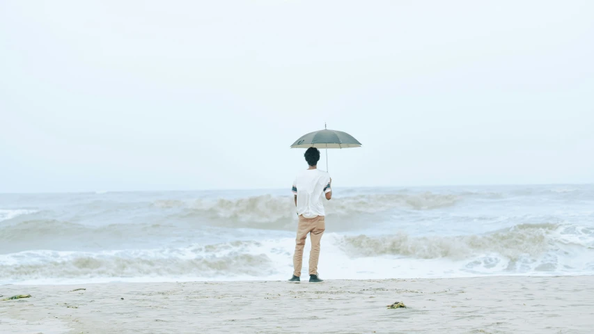 person standing on the beach with an umbrella