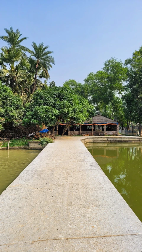 a boat ramp with trees on the other side