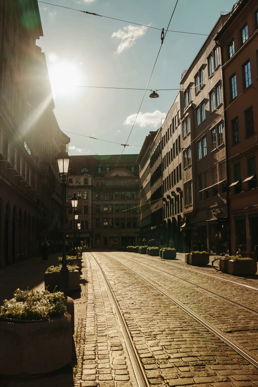 a street view of buildings under a sunny sky