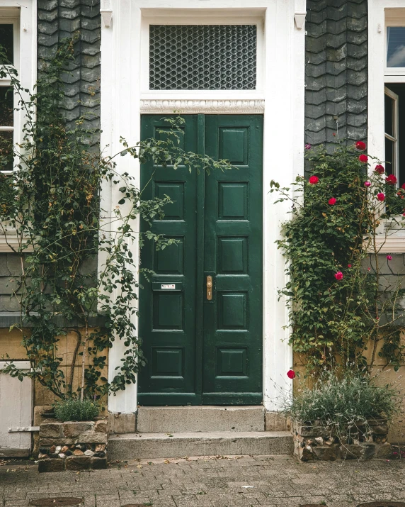 a black and white house with a green door