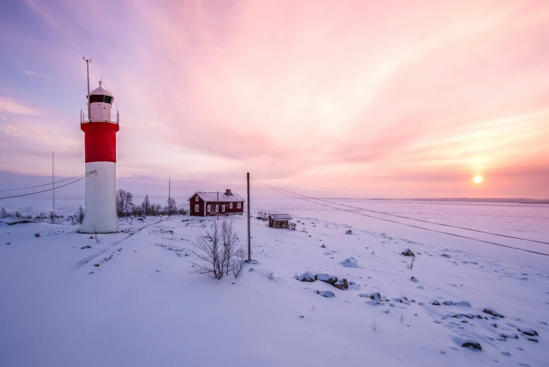 an image of a lighthouse with the sun going down