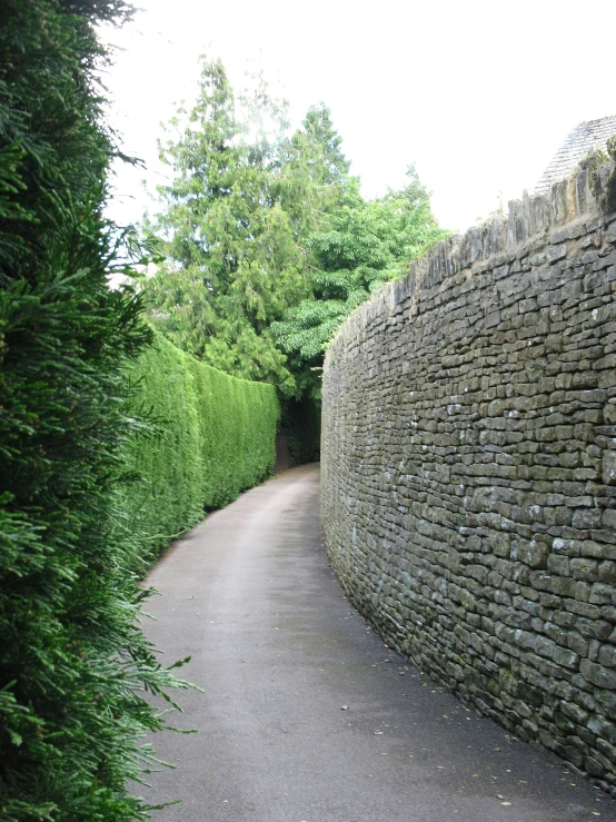 a long brick road with green trees and bushes near it