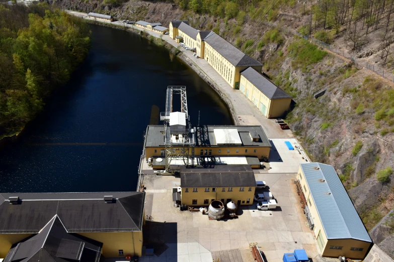 an aerial s of the water and surrounding buildings