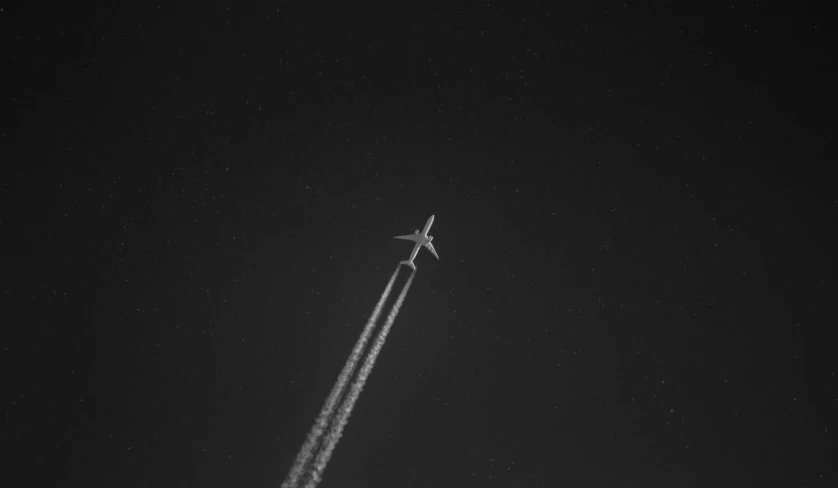 a black and white po shows an airplane in flight