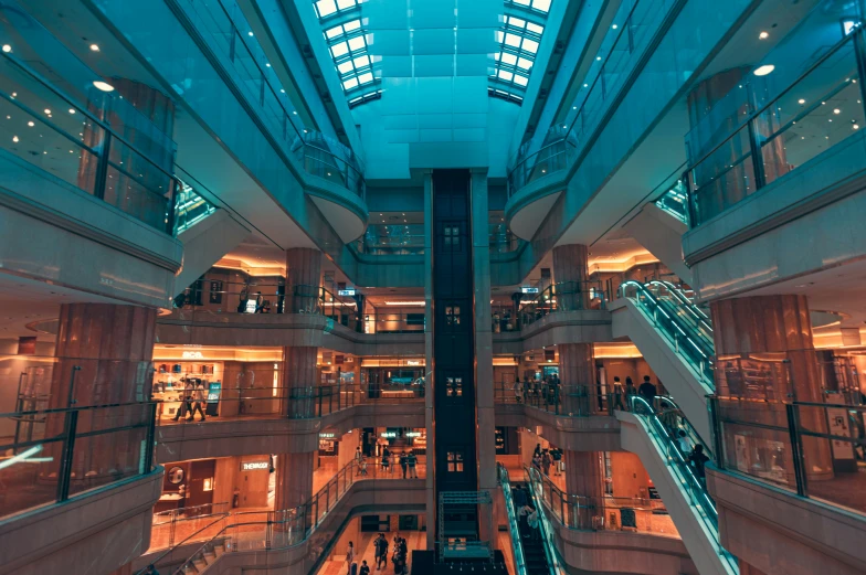 a view looking down at the atrium of a building